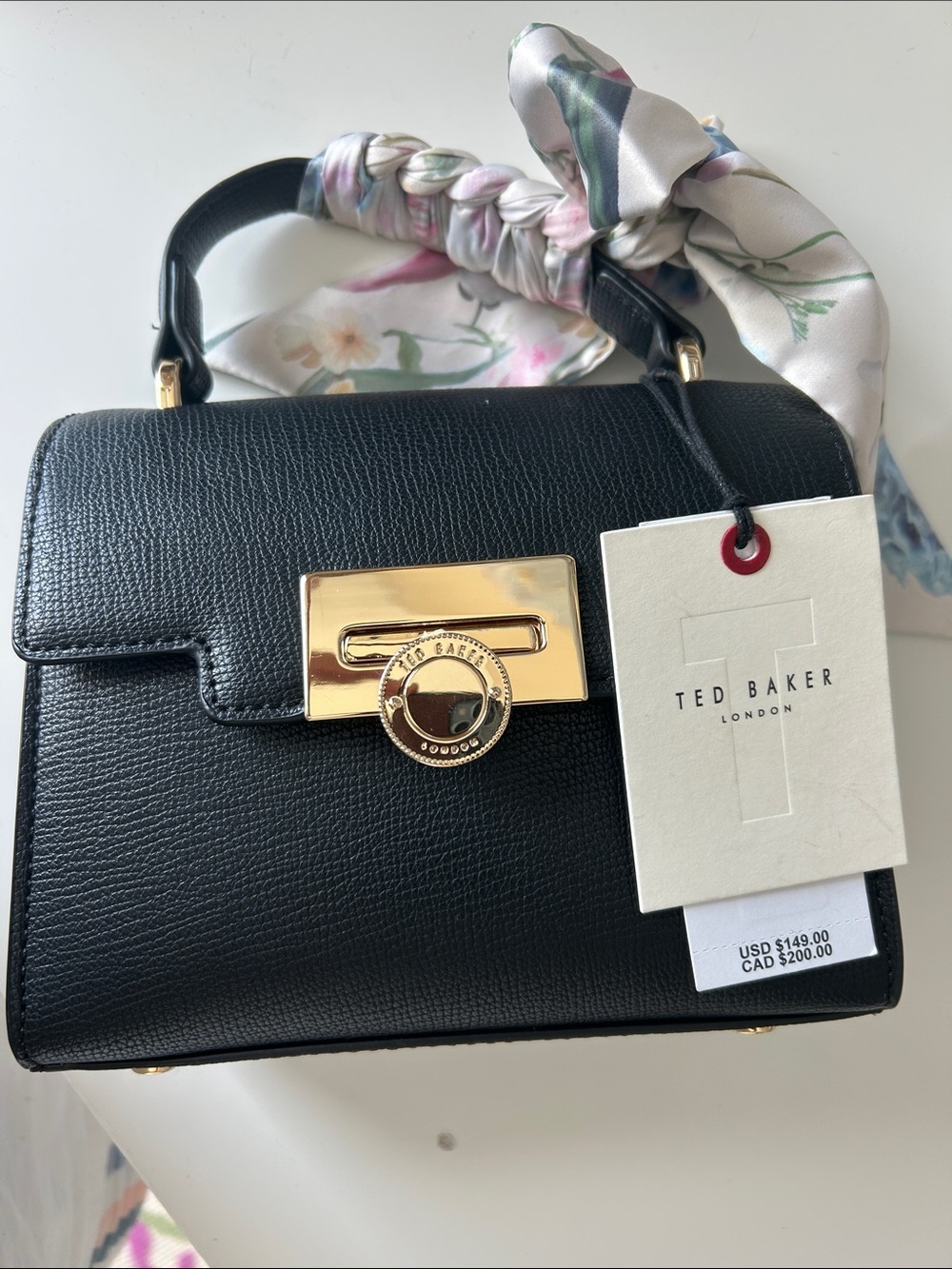Ted Baker Black Leather Top-Handle Satchel with Gold Hardware